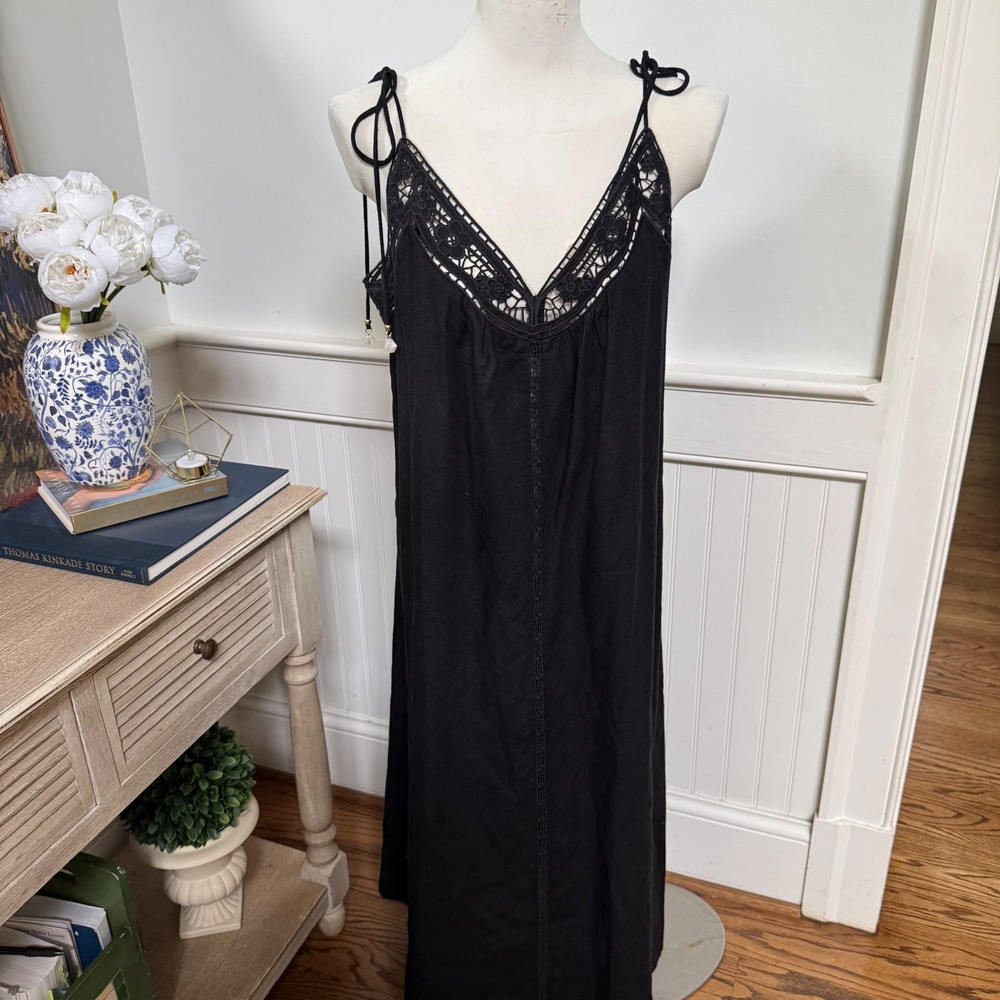 NWT H&M Black Linen Blend Crochet Lace‎ Maxi Dress Tie Strap Womens M